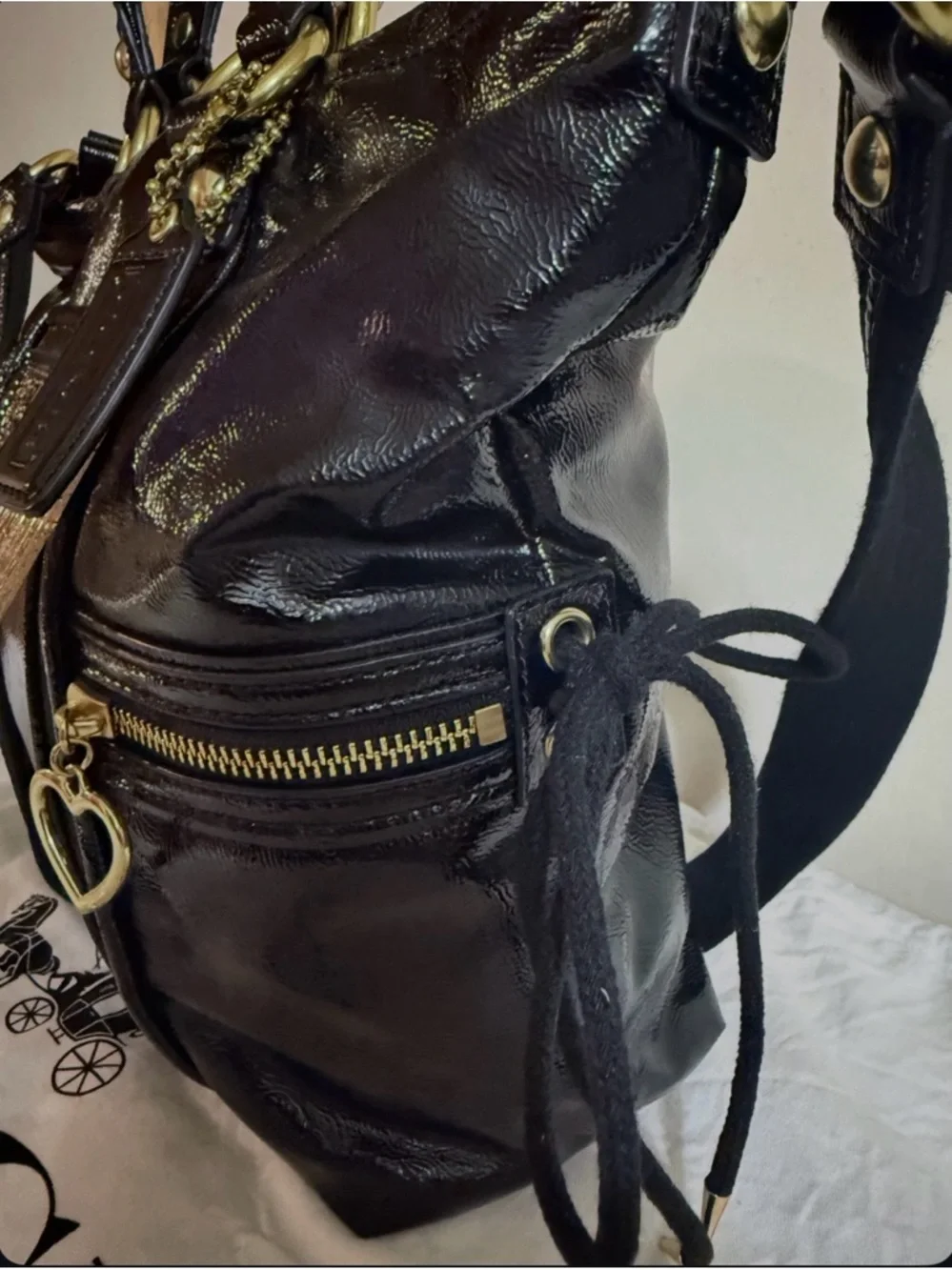 Coach Poppy Black Liquid Gloss Shoulder Bag w/ Glitter Tag & Dust Bag